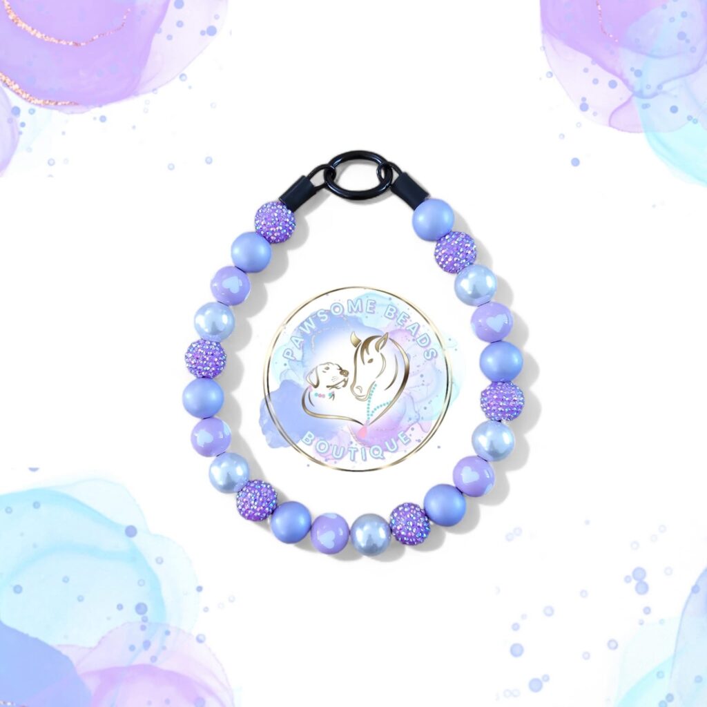Slip on dog collar made from 20mm gumball shaped acrylic beads in viloet and lilac colours
