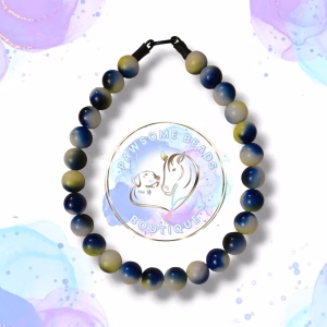 Beaded slip on dog collar made from 20mm round acrylic beads in ombre blue and yellow colours