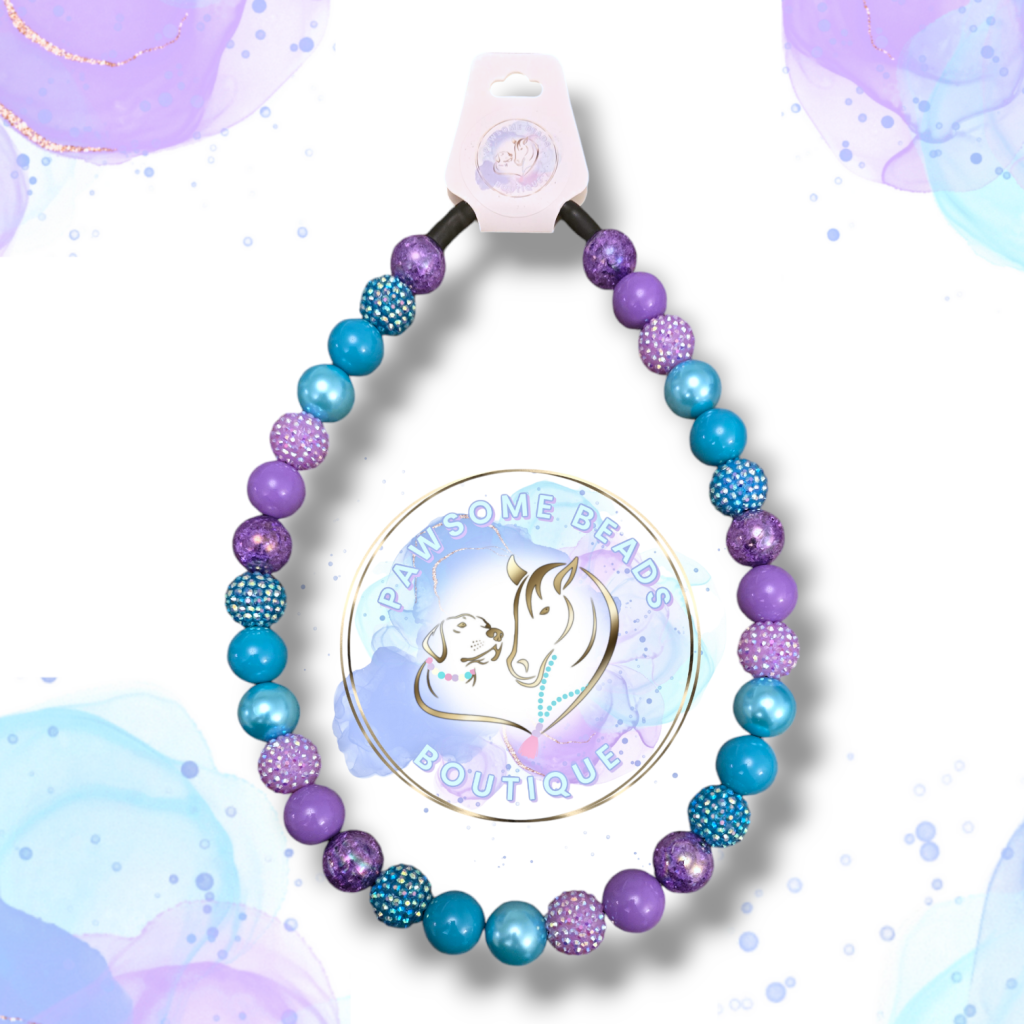 Beaded dog collar made from 20mm round acrylic beads in blue and purple beads