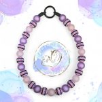 Beaded dog collar made from 20mm round acrylic beads in purple frosted and rhinestone beads