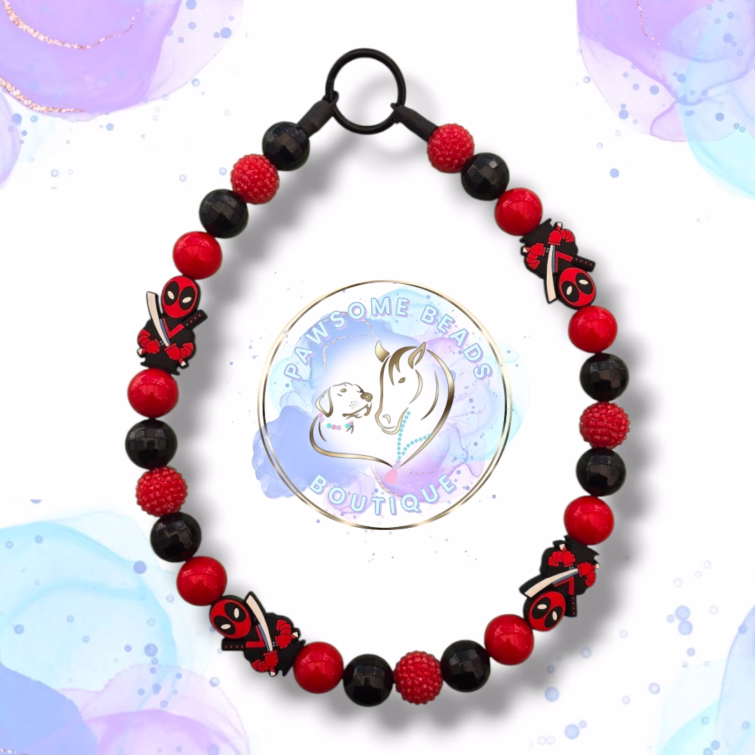 Superhero dog collar from Pawsome Beads Boutique in a Deadpool style