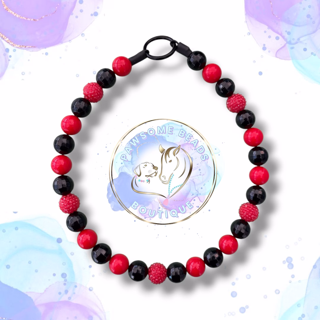 Superhero dog collar from Pawsome Beads Boutique in a Deadpool style