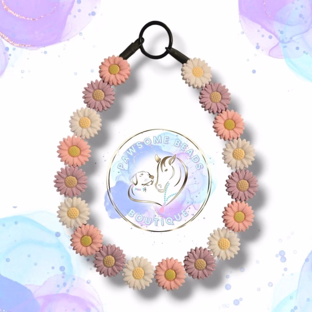 Daisy beaded dog collar made from pink, white and purple daisy shaped 30mm silicone beads from Pawsome Beads Boutique