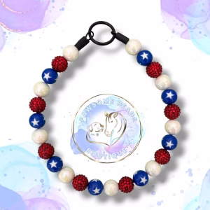 Beaded dog collar from Pawsome Beads Boutique made from 20mm acylic beads in red, white and blue colours