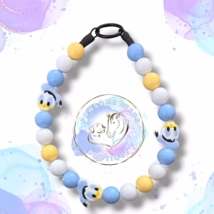 Beaded dog collar from Pawsome Beads Boutique made from 20mm acylic beads in blue white and yellow colours featuring donal duck feature beads