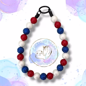 Beaded dog collar from Pawsome Beads Boutique made from 20mm acylic beads in red, white and blue colours