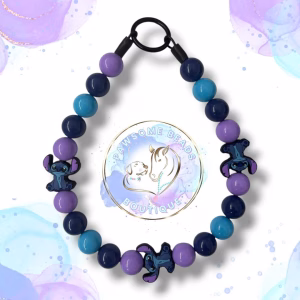 Beaded dog collar from Pawsome Beads Boutique made from 20mm acylic beads in blue and purple colours featuring stitch character feature beads