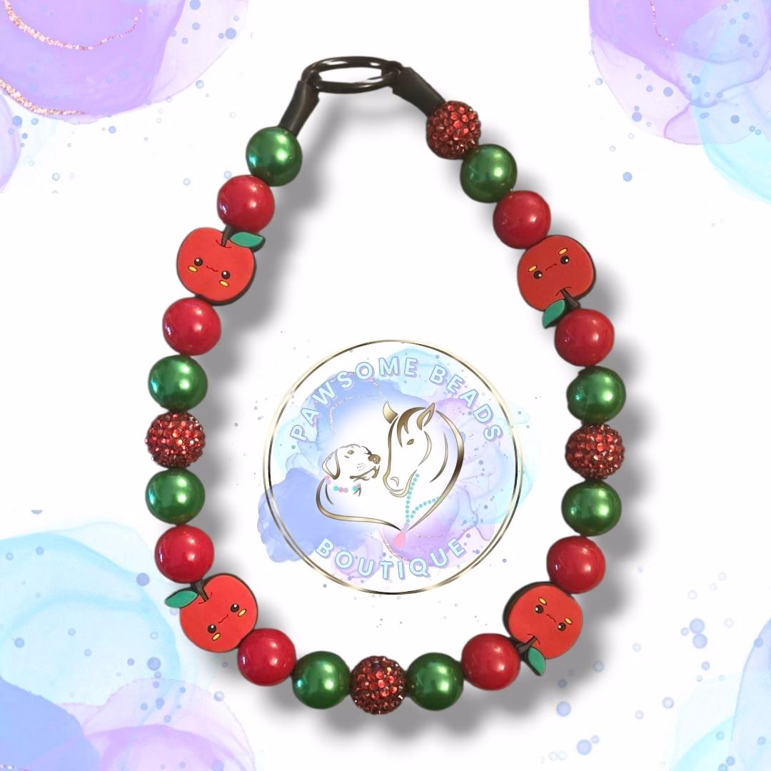 Beaded dog collar from Pawsome Beads Boutique made from 20mm acylic beads featuring Apple feature beads
