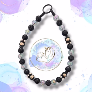 Beaded dog collar from Pawsome Beads Boutique made from 20mm acylic beads and silicone Labubu feature beads
