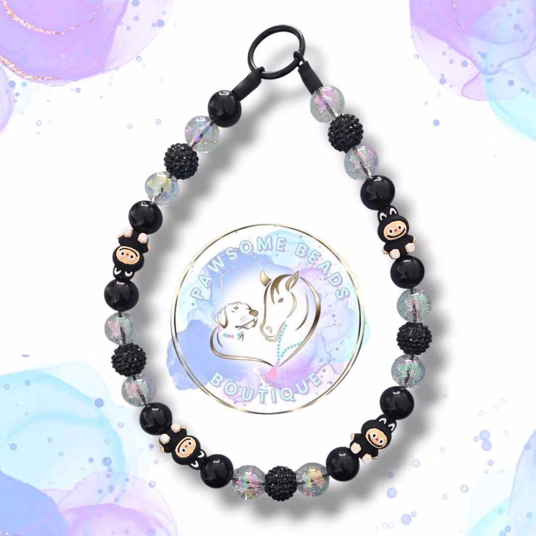 Beaded dog collar from Pawsome Beads Boutique made from 20mm acylic beads and silicone Labubu feature beads