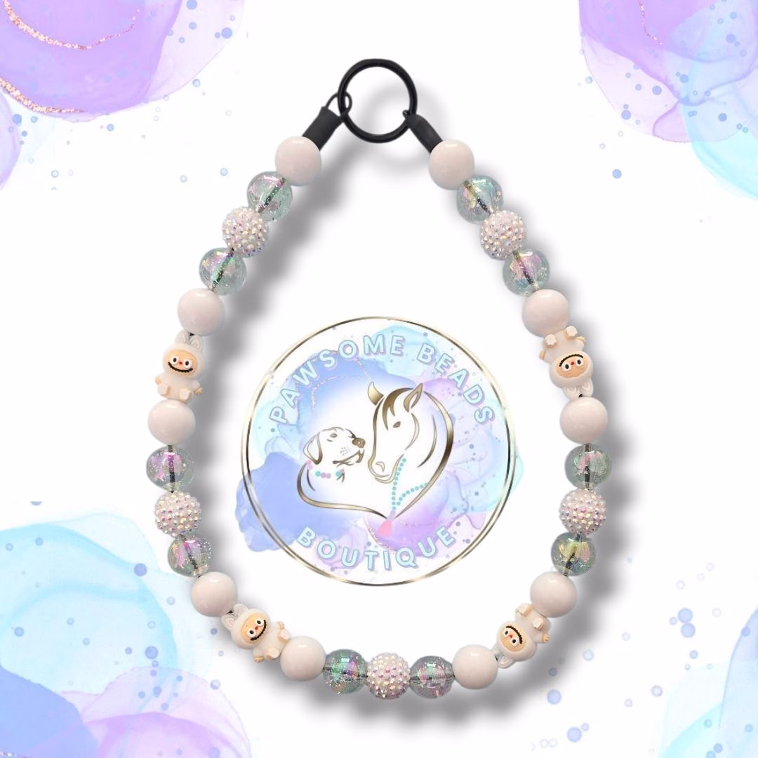 Beaded dog collar from Pawsome Beads Boutique made from 20mm acylic beads and silicone Labubu feature beads