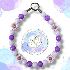 Beaded dog collar from Pawsome Beads Boutique in lilac and purple beads with lilac flower feature beads