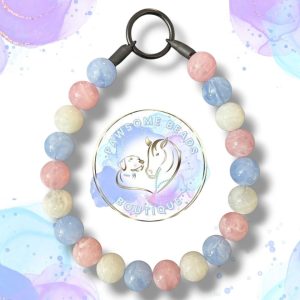 Beaded dog collar from Pawsome Beads Boutique features white, blue, and pink marble gemstone-style beads for a soft, whimsical look