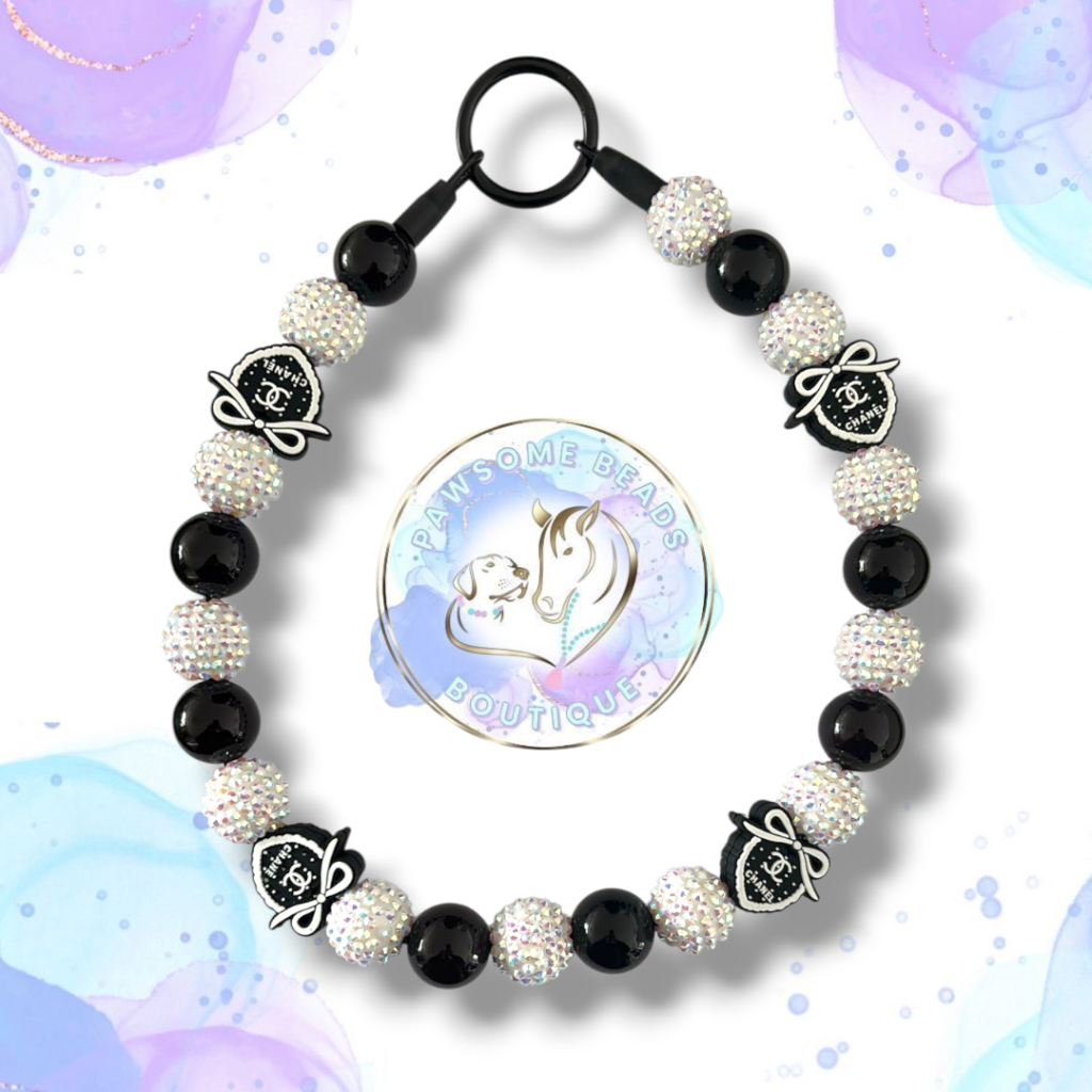 Designer-inspired beaded dog collar on neutral background by Pawsome Beads Boutique