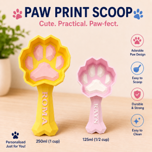 Personalised paw print dog food scoops in yellow and pink with custom names on the handles