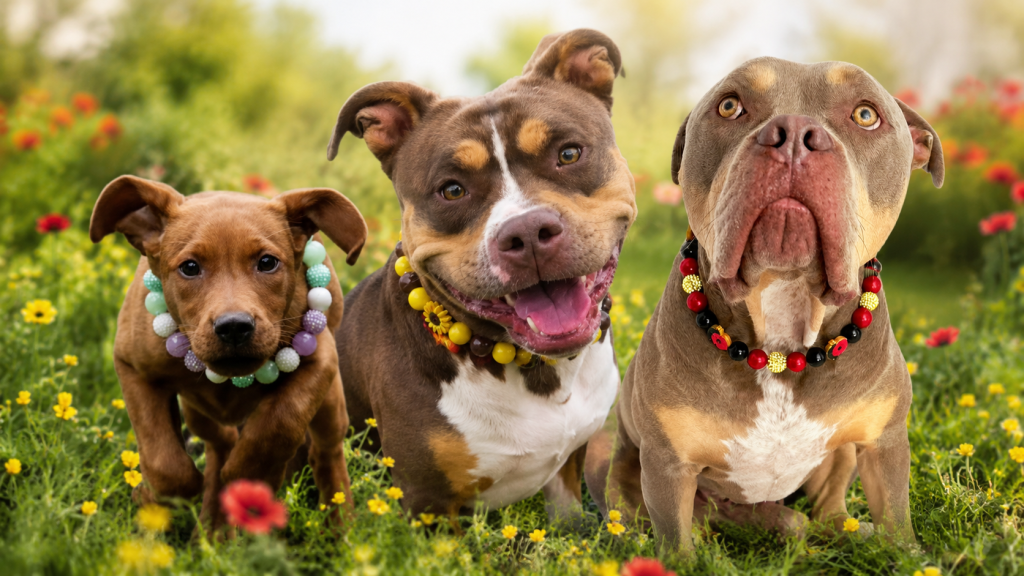 Three dogs wearing pawsome beads boutique beaded collars