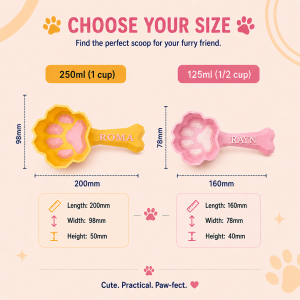Size comparison of 125ml half cup and 250ml one cup personalised dog food scoops