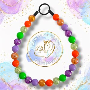 Witches' Brew Halloween beaded dog collar with orange, green and purple beads