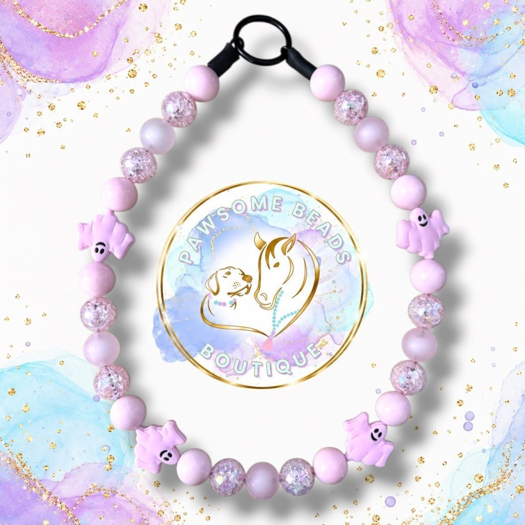 Boo-tiful Pink pastel pink and lilac Halloween beaded dog collar with ghost feature beads and sparkling crystal-style beads