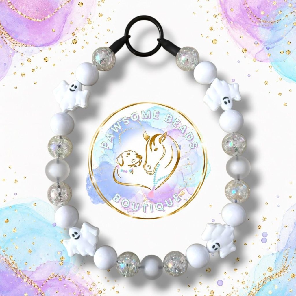 Boo-tiful white pastel white Halloween beaded dog collar with ghost feature beads and sparkling crystal-style beads
