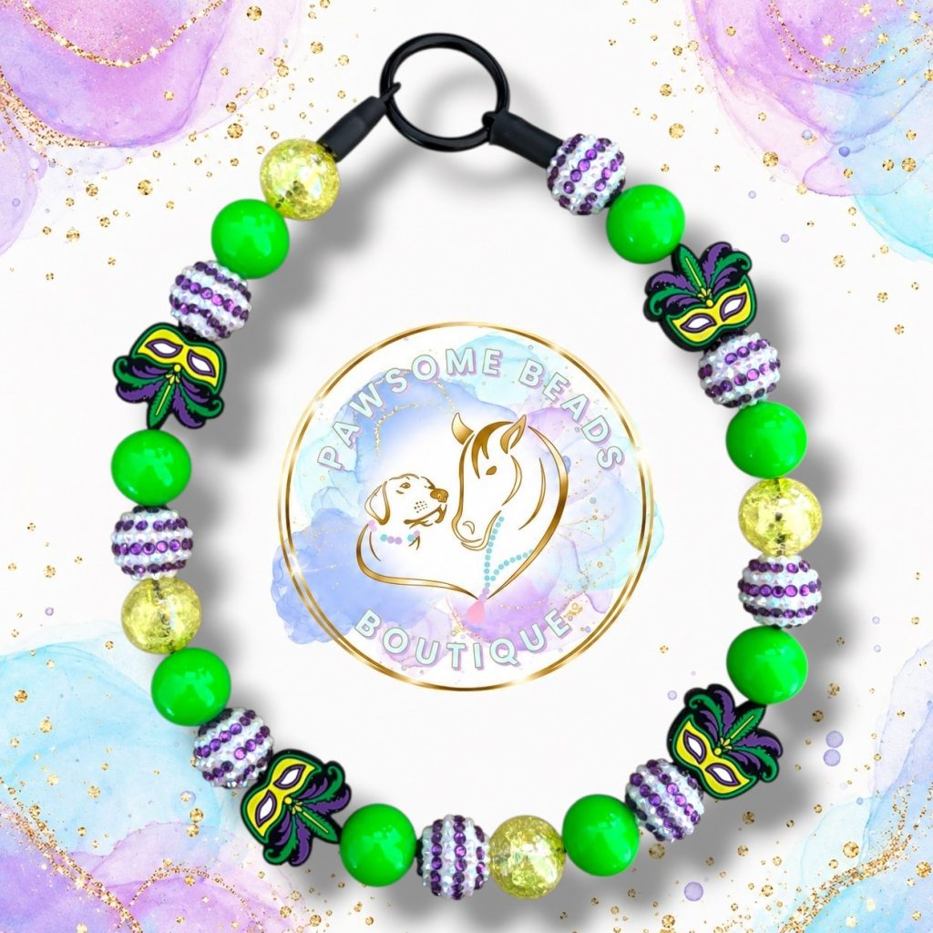 Carnival Creeps Halloween beaded dog collar with bright green, purple rhinestone and gold beads with colourful masquerade mask focal beads.
