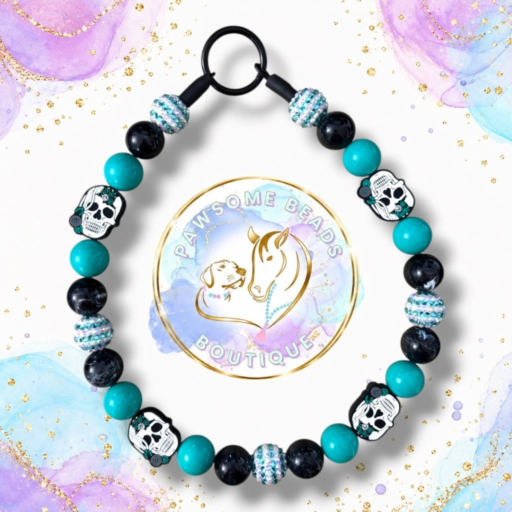 Deadly Beautiful turquoise and black Halloween beaded dog collar with sugar skull feature beads and sparkling accent beads