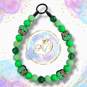 Grinch-O’-Lantern Halloween beaded dog collar with bright green, emerald and sparkling green beads and pumpkin character focal beads
