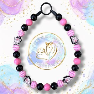 Groovy Ghosts pink and black Halloween beaded dog collar with ghost feature beads and sparkling pink accent beads