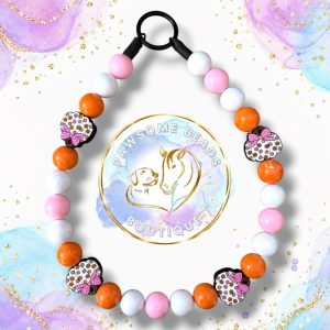 Harvest Blush Pumpkins autumn beaded dog collar with pink, white and orange beads and patterned pumpkin feature beads