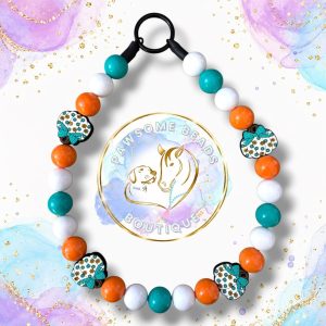 Harvest Teal Pumpkins autumn beaded dog collar with teal, white and orange beads and patterned pumpkin feature beads