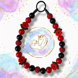 Lest We Forget poppy beaded dog collar with red, black and sparkling red beads