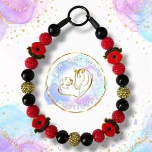 Poppy Appeal beaded dog collar with Lest We Forget poppies, red, black and gold beads