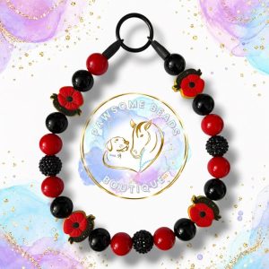Remembrance poppy beaded dog collar with Lest We Forget poppies and red, black and sparkling black beads