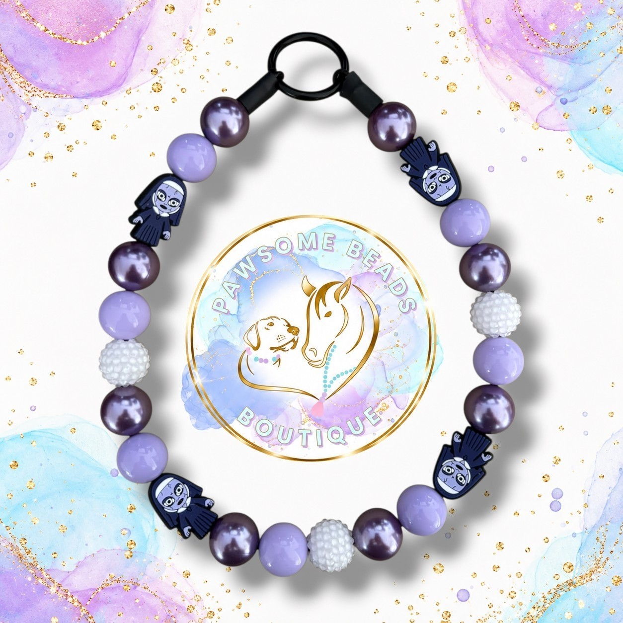 Sister Sinister purple Halloween beaded dog collar with lavender, plum, white sparkling beads and creepy nun-inspired character focal beads.