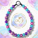Sugar Skull Halloween beaded dog collar with pink, purple and turquoise beads, sparkling crystal-style accents and colourful sugar skull feature beads
