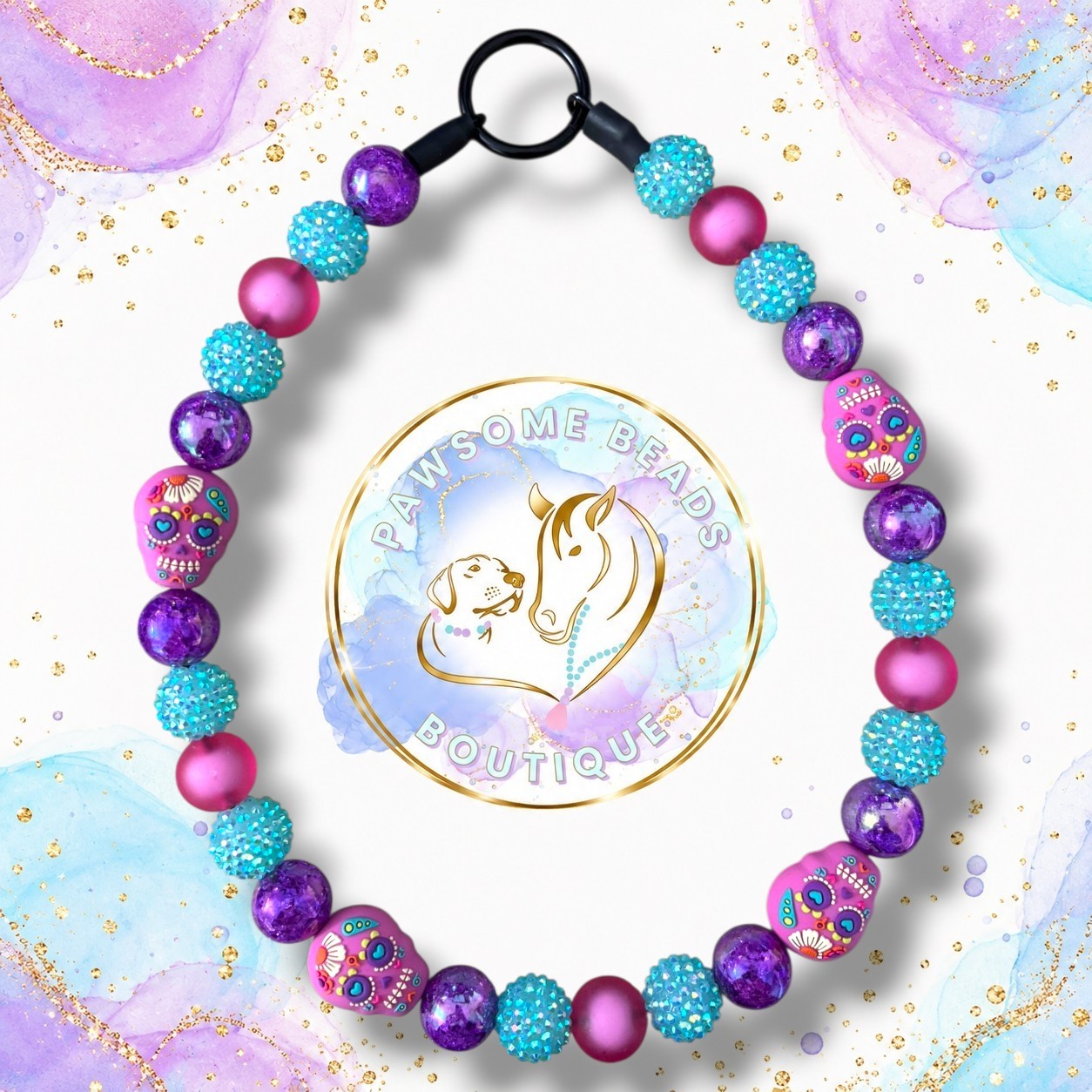 Sugar Skull Halloween beaded dog collar with pink, purple and turquoise beads, sparkling crystal-style accents and colourful sugar skull feature beads