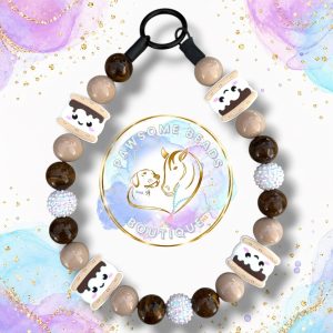 Toasted S’mores autumn beaded dog collar with beige, chocolate brown and sparkling white beads with cute smiling s’mores focal beads.