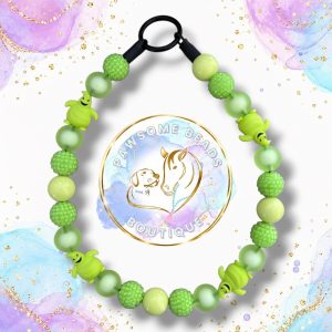 Oogie Boogie Halloween beaded dog collar with lime green, sage, pearlescent and textured green beads with character focal beads.