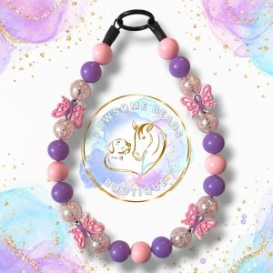 Pink and purple Breast Cancer Awareness beaded dog collar with butterfly beads